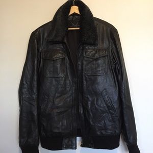 Men's Leather Bomber Jacket with Faux Fur Collar